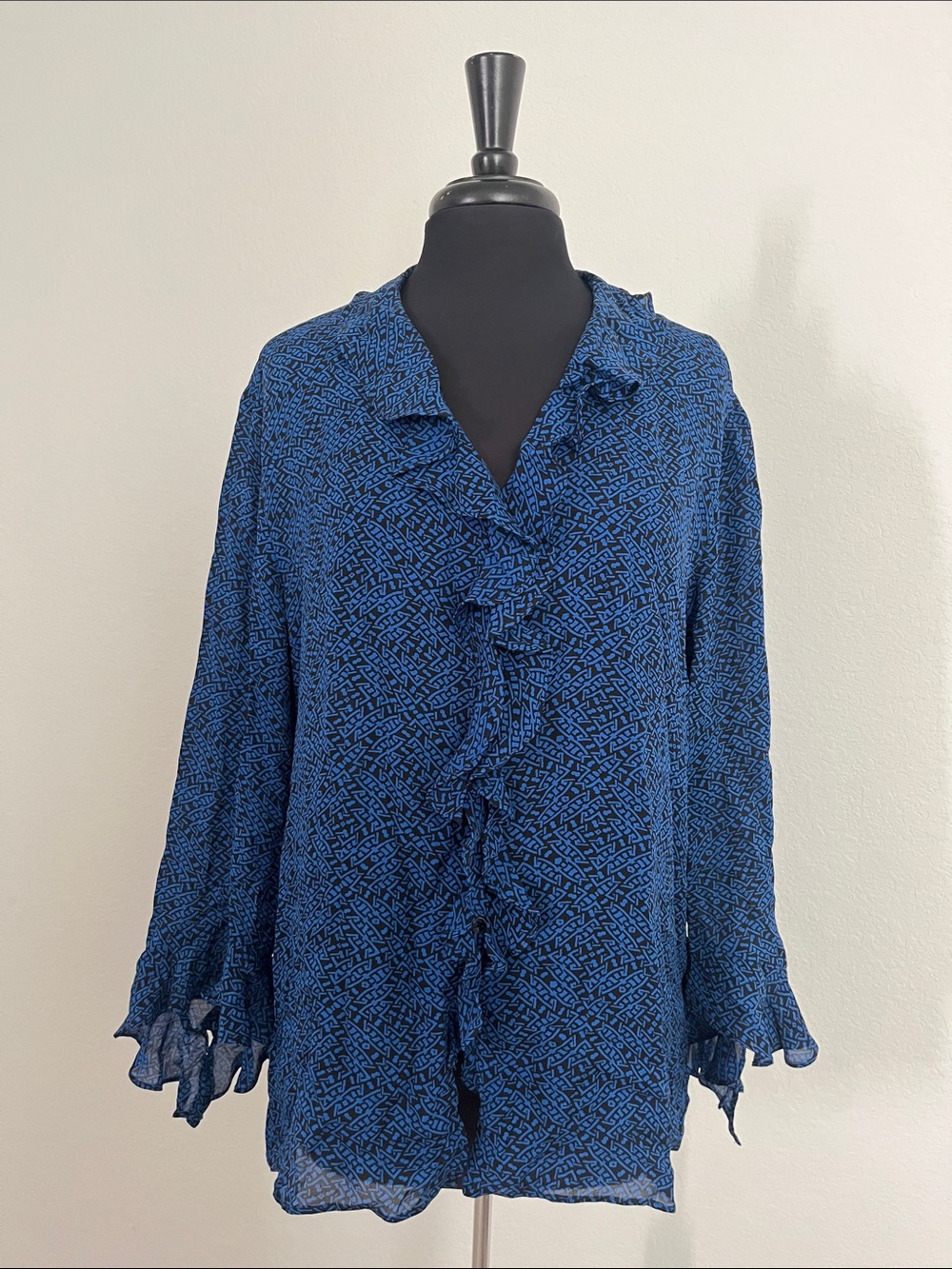 Chico’s Blue Printed Ruffle-Front Blouse